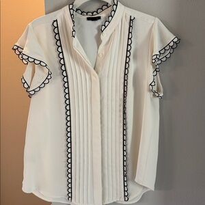 Ann Taylor Cream Blouse with Black Scallop Trim